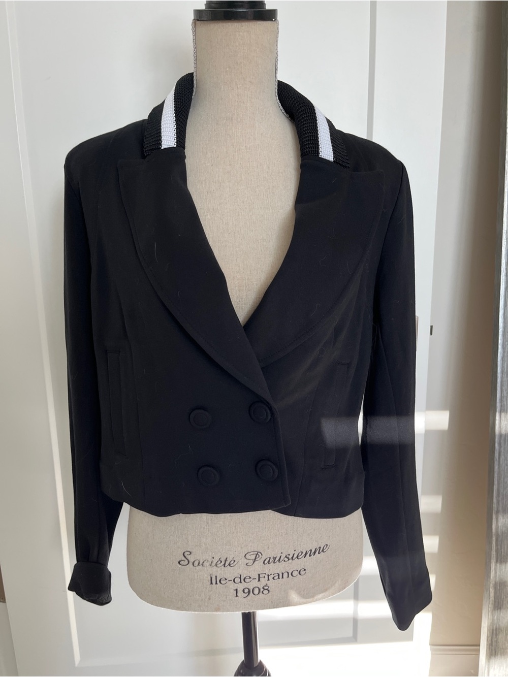 CAbi Black Cropped Double-Breasted Blazer with Contrast Collar